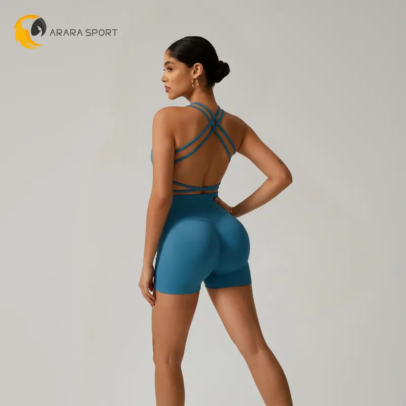 ARARA SPORT Conjunto Canelado Poliamida Top Short Alça Cruzada
