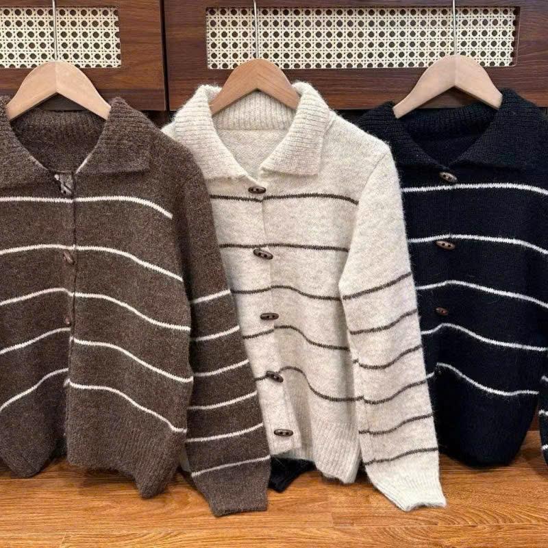 Hàng QC Loại 1 Áo Khoác Cardigan Kẻ Ngang Nhỏ CỔ BẺ Áo Form Dáng Suông Thiết Kế Thoải Mái Khi Mặc Cho Chị Em Cam Closet Nữ áo cardigan