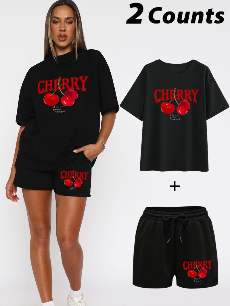 Product Introduction of Women's Cherry Print Short Sleeve T-shirt & Drawstring Waist Shorts Two-piece Set, Casual Fashion Cozy Tee & Shorts for Daily Outdoor Wear, Ladies Summer Clothes, Womenswear 5