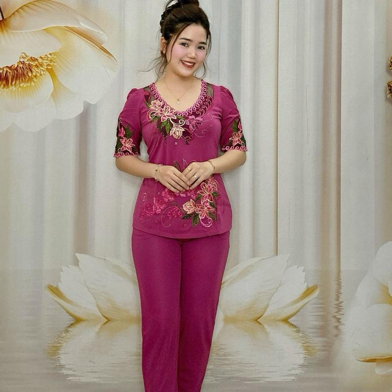 B38 Đồ bộ nữ trung niên áo thêu cổ, lai, tay lỡ, chất liệu thun solen Hàn, thương hiệu Hải Sơn