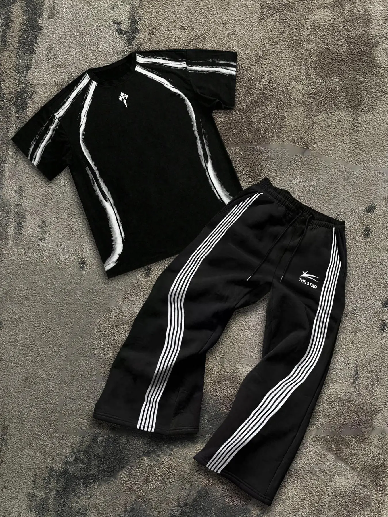 Two-piece Set Men's Tee & Letter Print Tracksuit Pants Set, Regular Fit Round Neck Short Sleeve T-shirt & Side Stripe Trousers, Casual Fashion Breathable Men Two-piece for Gym Workout Running