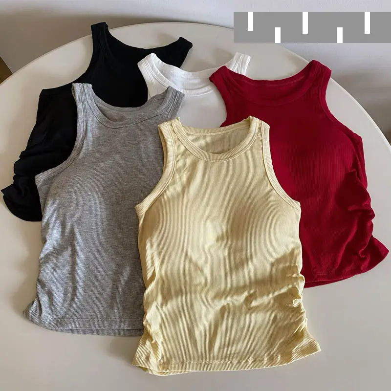Y2K Top Women's Vest Solid Ccolor Top Side Pleated Design Vest Slim Outer Jacket With Chest Pad Sleeveless Camisole Versatile And Fashionable Crop Top Cotton