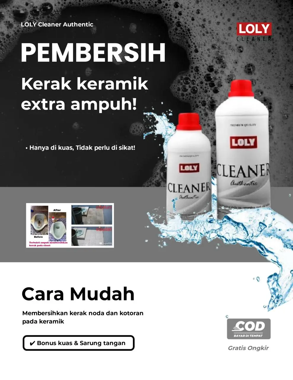 LOLY Pembersih Kerak Kamar Mandi Extra Ampuh 1000% untuk Keramik, Stainless & Plastik - Tanpa HCl