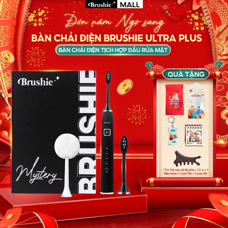 FLASH SALE GIỚI HẠN Bàn chải điện Brushie Ultra Plus tích hợp đầu rửa mặt hỗ trợ làm sạch hiệu quả BẢO HÀNH 1000 NGÀY - TẶNG 1 TÚI TẾT MÀU ĐỎ BRUSHIE + 1 LƯỢC MASSAGE NÂU + 1 BỘ 5 LÌ XÌ + 1 LỊCH MINI + 1 MÓC KHÓA TẾT