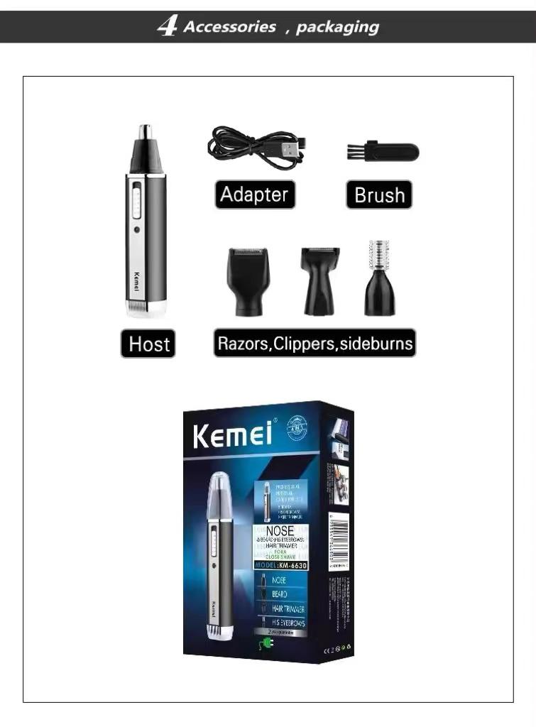 Product Introduction of Kemei KM-6630 4 in 1 Nose Eyebrow Hair Beard Trimmer Rechargeable Electric Shaver Nose Ear Trimmer With Temple Cut for Men 5