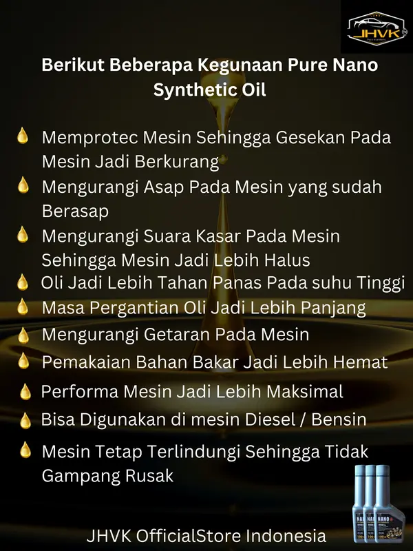 JHVK Pure Nano Synthetic Oil 600ml  ( original ) Paket 6 botol adiktif Oli mesin Diesel Gasoline mobil motor dan mesin2 lain nya Engine treatment additive 6