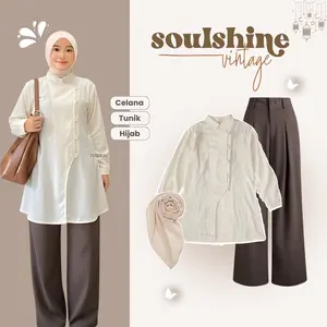 One Set Setelan Baju Lebaran 3 In1  ( Tunik - Celana Polos - Jilbab Segi Empat ) Outfit Oldmoney LQ0109