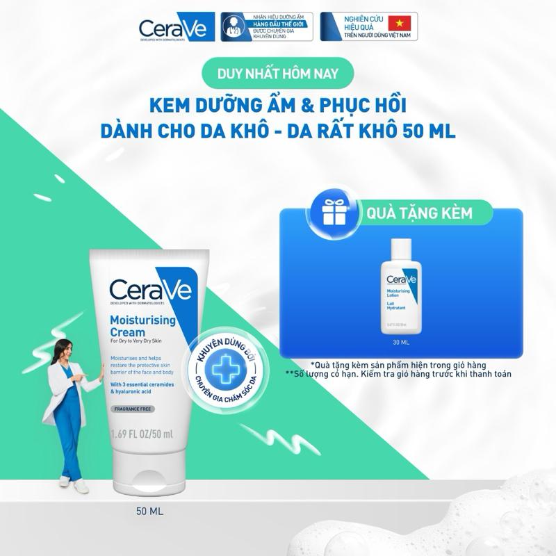 Kem dưỡng ẩm dành cho da khô Cerave Moisturizing Cream 50ML. Kem dưỡng giúp phục hồi chuyên sâu, giữ da ẩm mịn suốt 48 giờ, không gây bí da. DÙNG ĐƯỢC CHO DA MẶT VÀ CƠ THỂ_ Chăm sóc da_Kem & Sữa dưỡng thể_Skincare cho Nam và Nữ