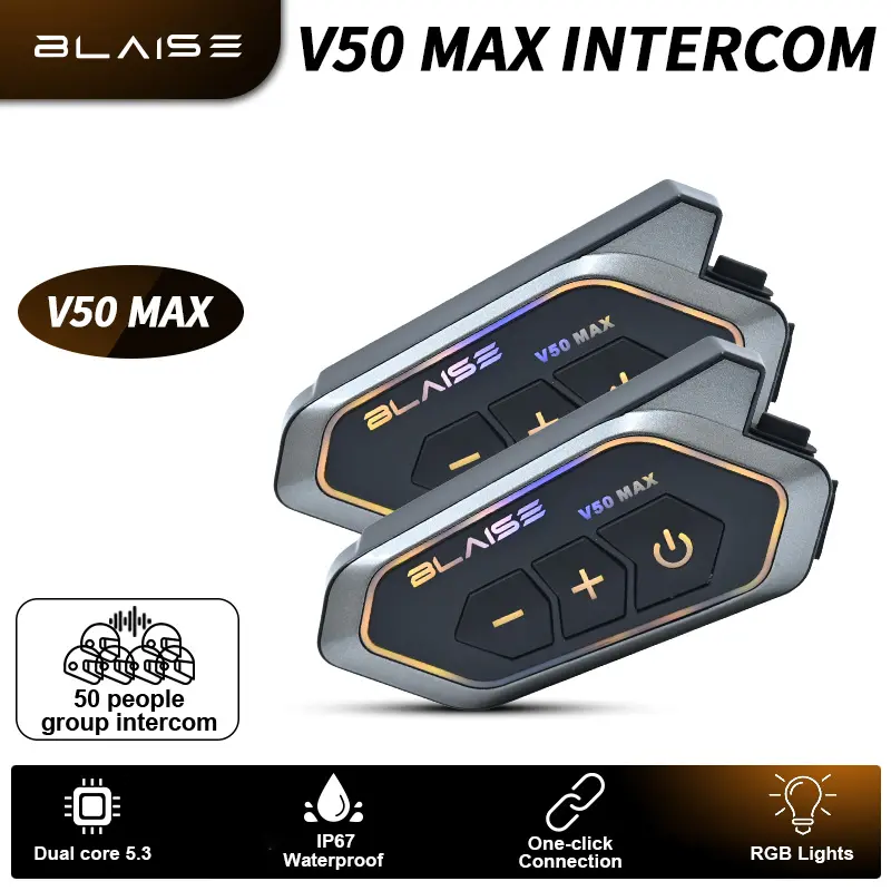 BLAISE V50 MAX Mesh Intercom Headset 2-50 Pengendara Helm Headset group intercom One-click Connection