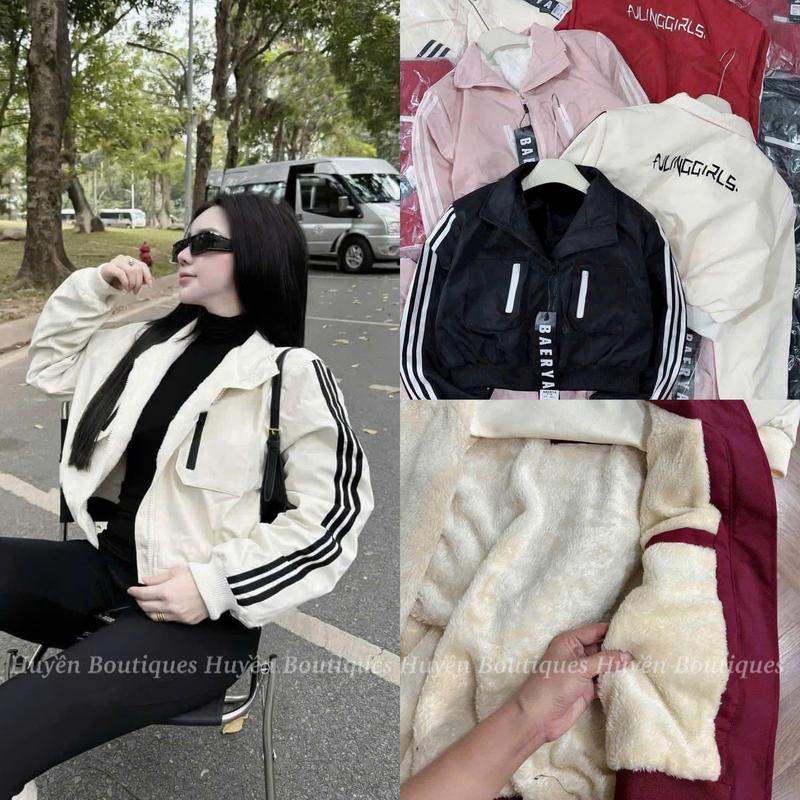Áo Khoác Gió Nữ 2 Lớp Lót Lông Dày Dặn Kẻ Sọc Thể Thao Dáng Croptop,Kháng Nước,Cản Gió