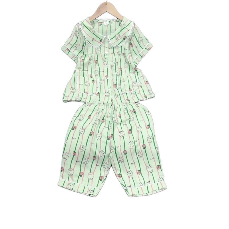 MÃ M 140:(SIZE ĐẠI ): 22-48 kg. Bộ đồ mặc nhà quần lửng pijama đũi cô tông hàn  dáng babydoll. bộ mặc nhà pijama cổ lá sen vuông mềm mịn mát không nhăn cho bé gái đồ  ngủ