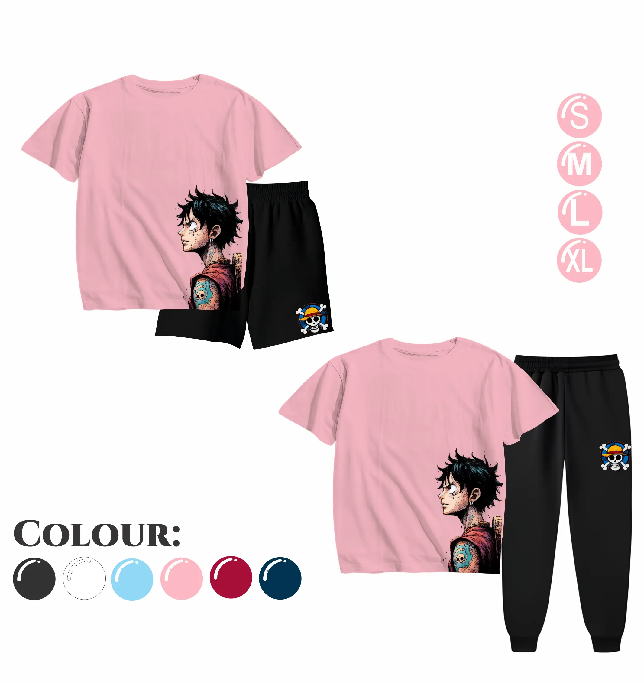 Setelan Anak Laki Laki - Baju Kaos dan Celana Anak Cowok Fashion Motif Pakaian Terbaru Usia 5-15 Tahun - PIRATE OF LUFFY Pink