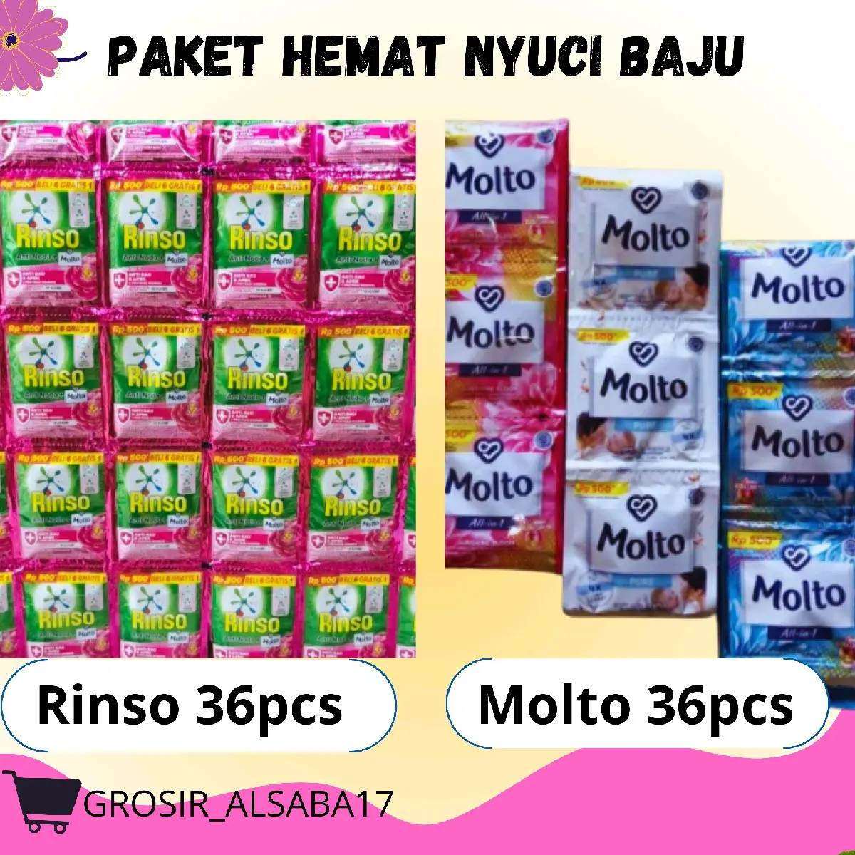 (72pcs) || Rinso cair 36 pcs 18ml (500.an) + Molto 39pcs 9ml pewangi (500.an)