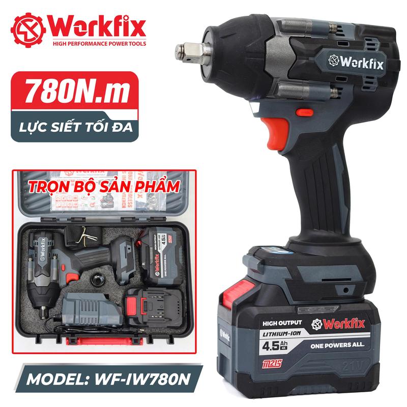 Máy Siết Bulong Workfix 780N.m - WF-IW780N - Lực Siết 780N - Mở Ốc 32ly - 4 Cấp Tốc Độ - Motor Brushless - Chân Pin Phổ Thông 2 Pin 15 cell 21V 4.5Ah - Bảo Hành Chính Hãng 6 Tháng