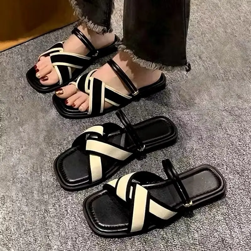 ￼Sandal Teplek Wanita Tali Kokop Motif Silang Women Slippers|Sendal Flat Hak Datar Cewek 2