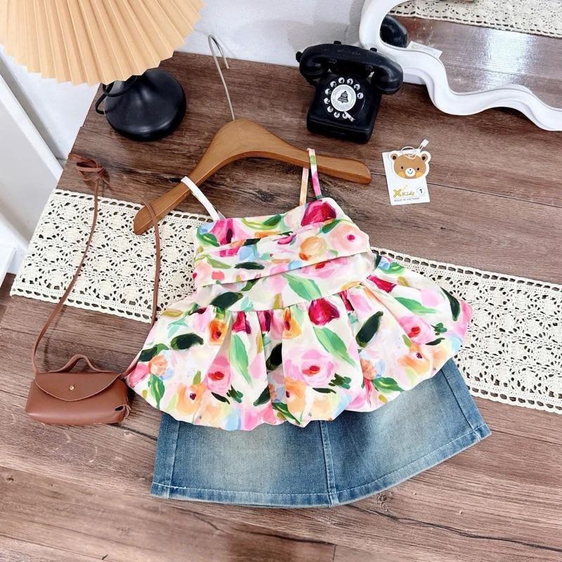 Set áo hai dây hoa sắc màu dáng bồng bí kèm chân váy jean mềm xinh đẹp dành cho bé gái 9-31kg