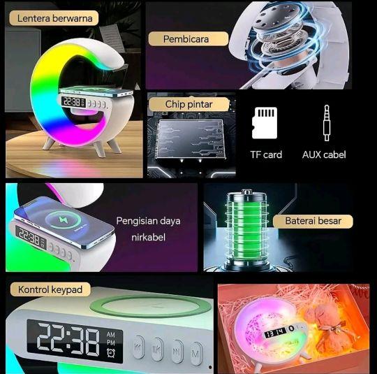 Speaker Bluetooth LED G-Lamp 360° dengan Alarm Clock dan Wireless Charger 10W Lampu Tidur RGB Berbagai Mode