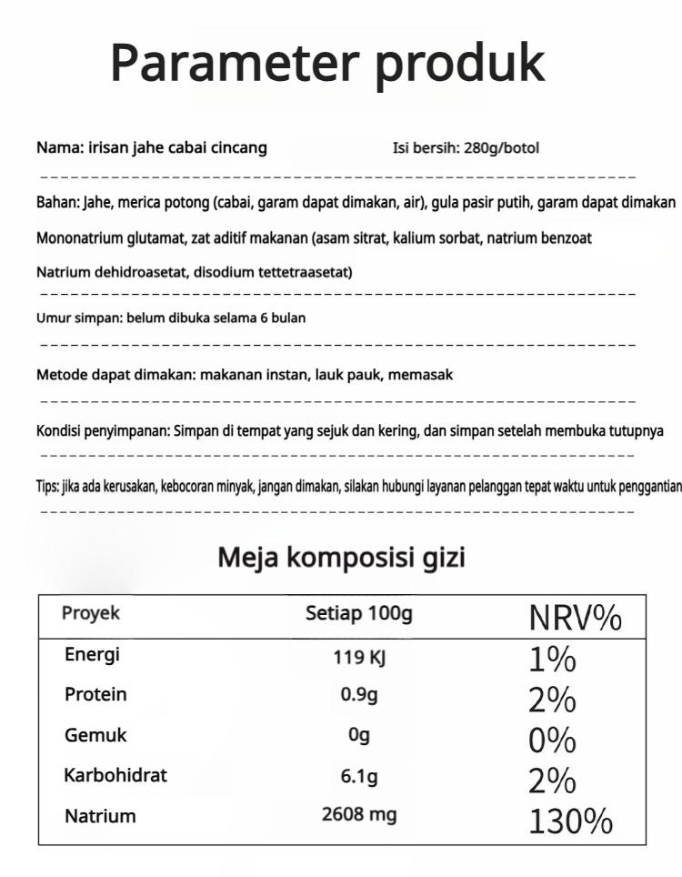 Acar sayuran dengan cabai cincang dan irisan jahe, jahe muda yang pedas dan lembut, baik untuk limpa dan lambung. Acar sayuran ini dapat disajikan dengan nasi, mi, atau sebagai lauk pendamping minuman.