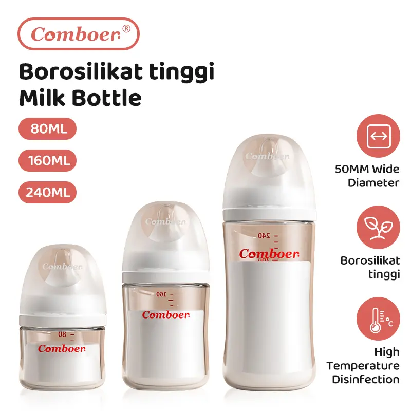 Comboer botol susu  anti-kolik   Botol susu Bayi Newborn Bahan Kaca 50MM Kaca Borosilikat Tinggi 80/160/240Ml Anti Perut Kembung Bebas BPA 0