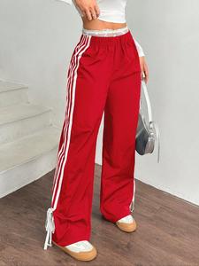 Pantalones de pierna ancha con dobladillo con cordón, pantalones largos casuales de corte holgado para mujer, tela tejida para todas las estaciones, cómodos para uso diario