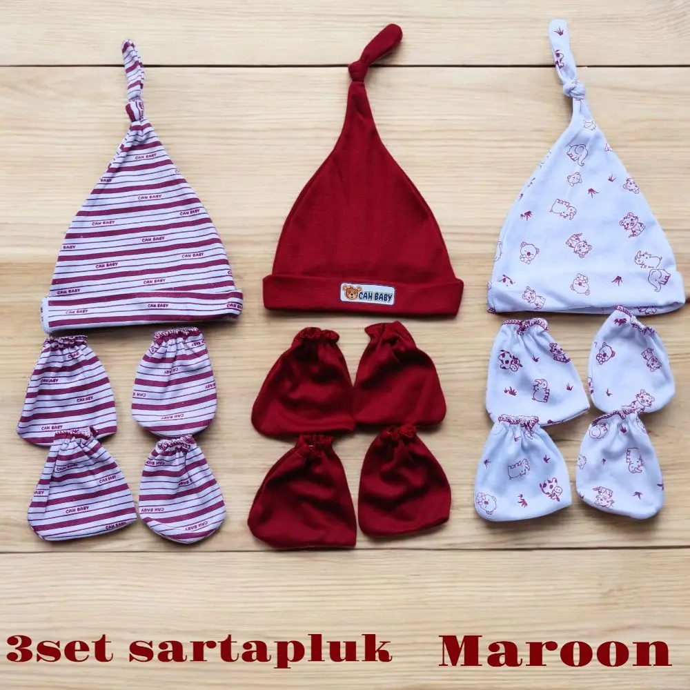9in1 / 3 set Topi Dan Sarung Tangan Bayi Newborn Usia 0-6 Bulan unisex Fashion