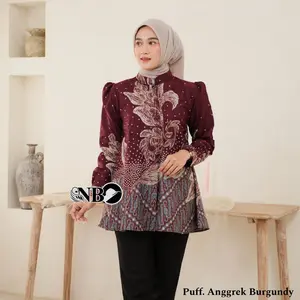Blouse Batik Modern Puff Anggrek Burgundy Full Kancing Depan Baju Muslim Formal Katun Lengan Panjang Size M L XL XXL