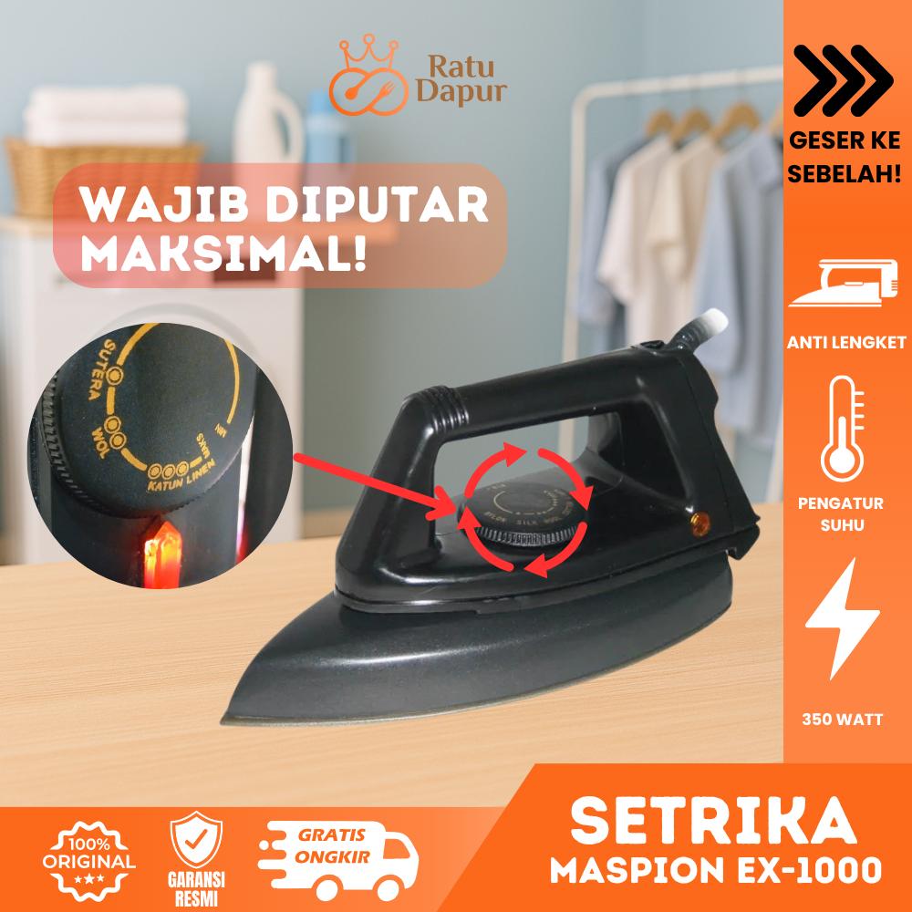 [AFF1] Maspion Setrika EX-1000 Original Setrika Listrik 350 Watt Hemat Listrik Cepat Panas Alas Anti Lengket Thermostat Thermofuse Lampu Indikator Pengatur Suhu Body Ringan Setrika Kering Pakaian Rumah Tangga Garansi Resmi SNI 1 Tahun Ori Bergaransi