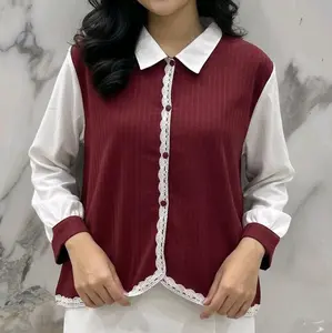 Blouse Kemeja Wanita Kombinasi Putih Top dengan Renda Cantik dan Desain Elegan