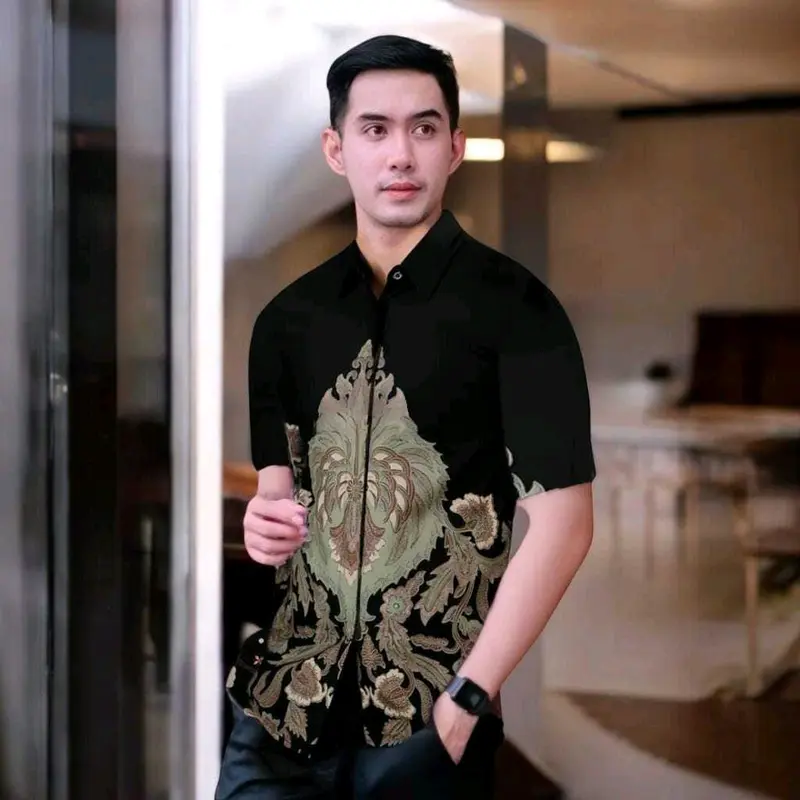Kemeja Batik Ayah dan Anak Laki-laki Lengan Panjang Usia 2-12thn Motif Hijau Seragam Kain Katun Baju Pria Pendek Hem Hitam Couple Atasan Keluarga Dewasa 2