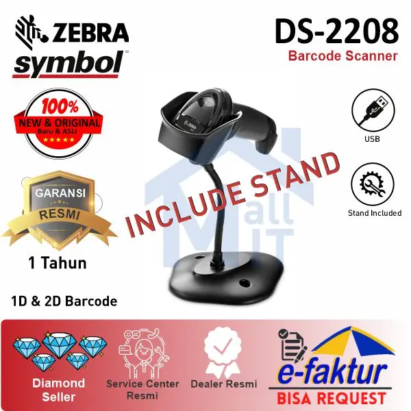 BARCODE SCANNER ZEBRA SYMBOL DS2208 DS-2208 DS 2208 2D KOTAK TEMBAK 0