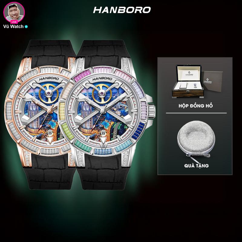 Đồng Hồ Cơ Nam HANBORO DUBAI 841 [4446] VIỀN ĐÍNH ĐÁ | Miễn phí 1 lần thay kính + Tặng 1 bóp đựng
