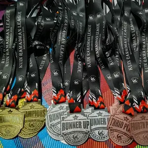 MEDALI FUTSAL Bahan Kuningan Etching Ketebalan 1mm dengan Desain Champion, Runner Up, Third Place dan forth place untuk Acara Olahraga