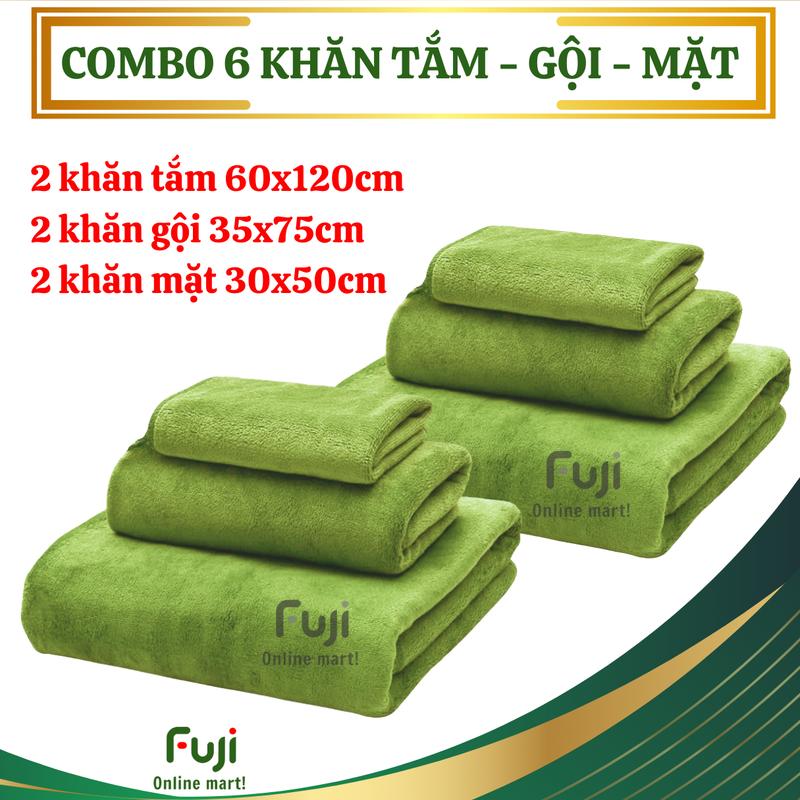 Combo 6 khăn tắm gội mặt: 2 khăn tắm 60x120cm 2 khăn gội đầu 35x75cm 2 khăn mặt 30x50cm: mềm mại thấm hút không ra lông - Nhà Tắm