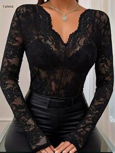 Top de encaje floral transparente para mujer, elegante con ribete festoneado, manga larga y escote en V, ideal para fiestas y vacaciones, ropa de dama para todas las estaciones