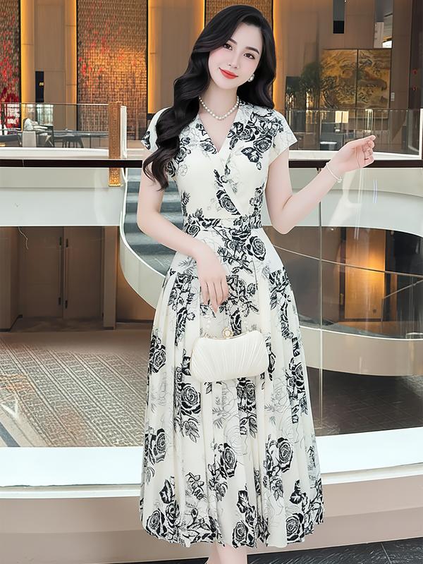   MIỄN SHIP  MDU4975 Váy Lụa Tuyết Cao Cấp – Thanh Lịch Quyến Rũ Với Họa Tiết Hoa Đen Trắng In Nổi Dành Cho Nữ Women. 