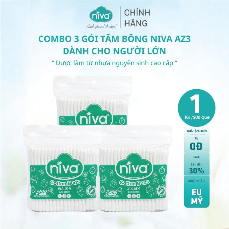 Combo 3 Gói Tăm Bông NIVA Que Nhựa Người Lớn AZ3 – Túi Zipper 200 Que, Dùng Trang Điểm, Vệ Sinh, Ngoáy Tai