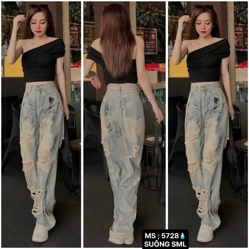 QUẦN JEANS ỐNG RỘNG NỮ LƯNG CAO RÁCH 5 MẢNG TRƯỚC SAU MÀU XANH VÀNG VỆT SƠN LAI CUỐN SIÊU CÁ TÍNH CỰC NGẦU