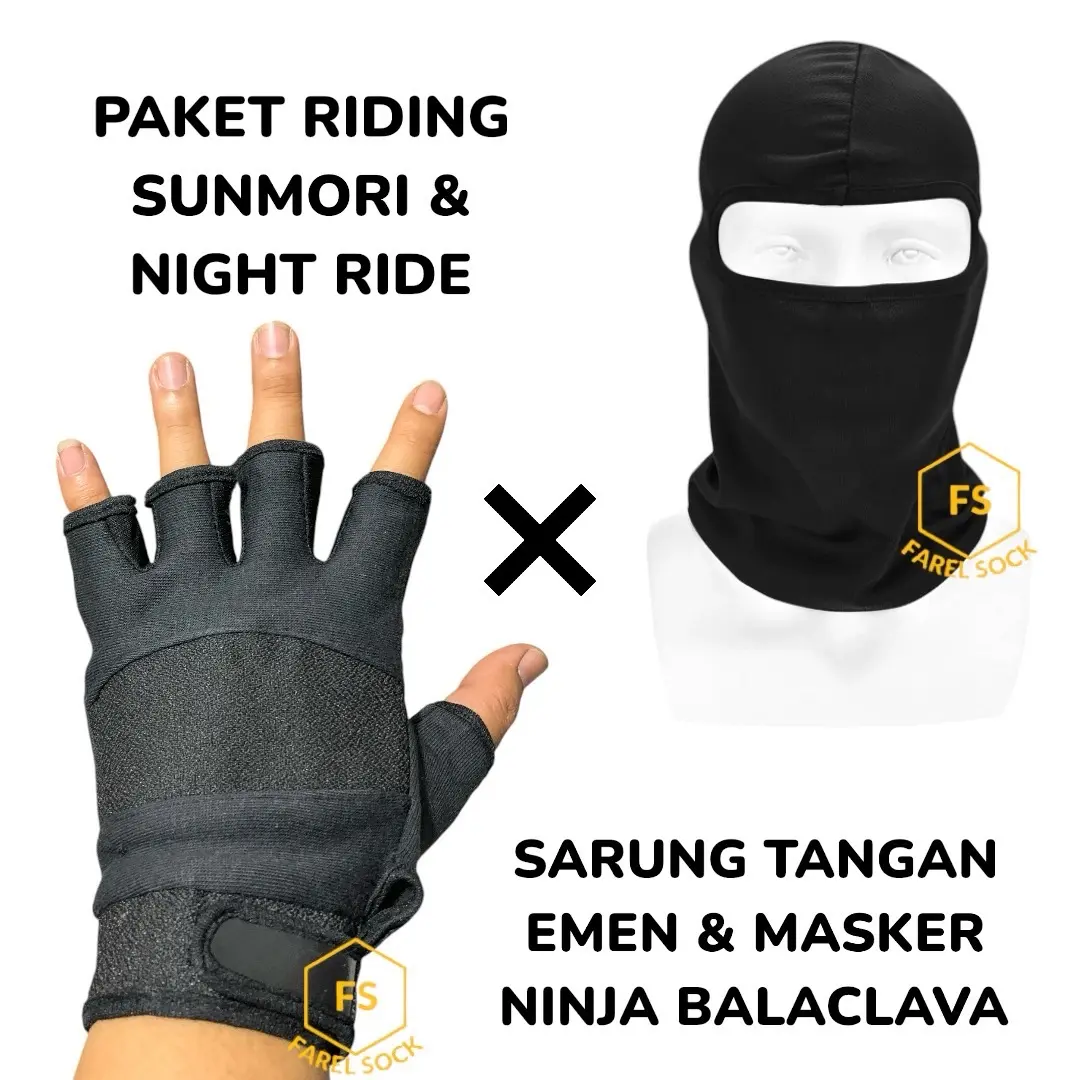 Paket Riding Sunmori Dan Night Ride Sarung Tangan Emen Half Finger & Masker Ninja Fullface Balaclava untuk Berkegiatan Outdoor