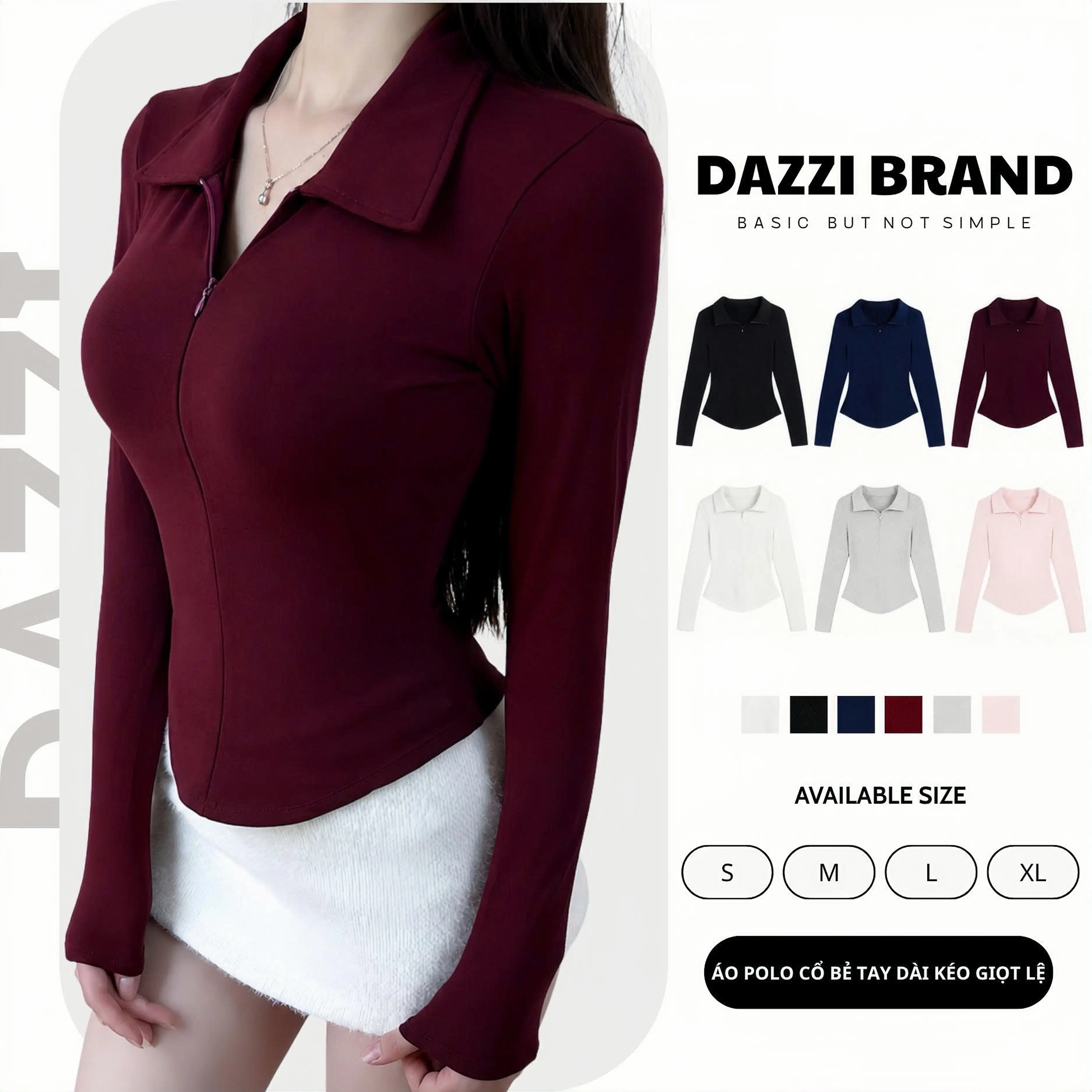 Áo thun nữ cổ bẻ tay dài phối dây kéo ôm dáng vạt bầu vải cotton mịn DAZZI Polo Women TD022