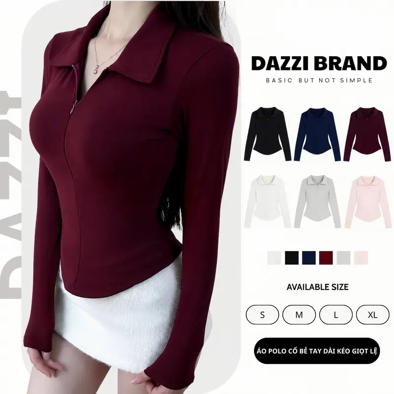 Áo thun nữ cổ bẻ tay dài phối dây kéo ôm dáng vạt bầu vải cotton mịn DAZZI Polo Women A022TD | BigBuy360 - bigbuy360.vn Áo thun nữ cổ bẻ tay dài phối dây kéo ôm dáng vạt bầu vải cotton mịn DAZZI Polo Women A022TD | BigBuy360 - bigbuy360.vn