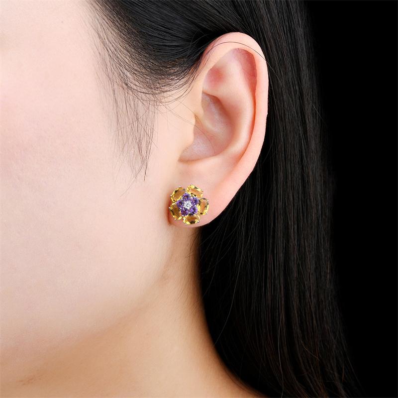 Natural Citrine Amethyst Sterling Silver Stud Earring 5.5 Carats Genuine Multicolor Gemstone Women Romantic Style Jewelry Gifts 7