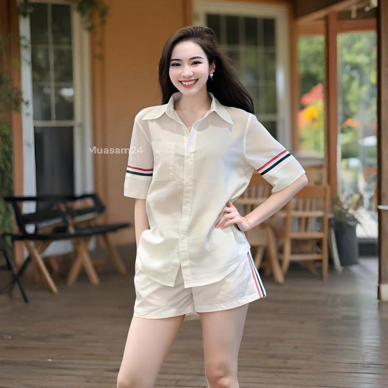 Set Bộ Áo sơ mi quần short dáng suông năng động trẻ trung Nữ Top Nhung Trắng Voi Women