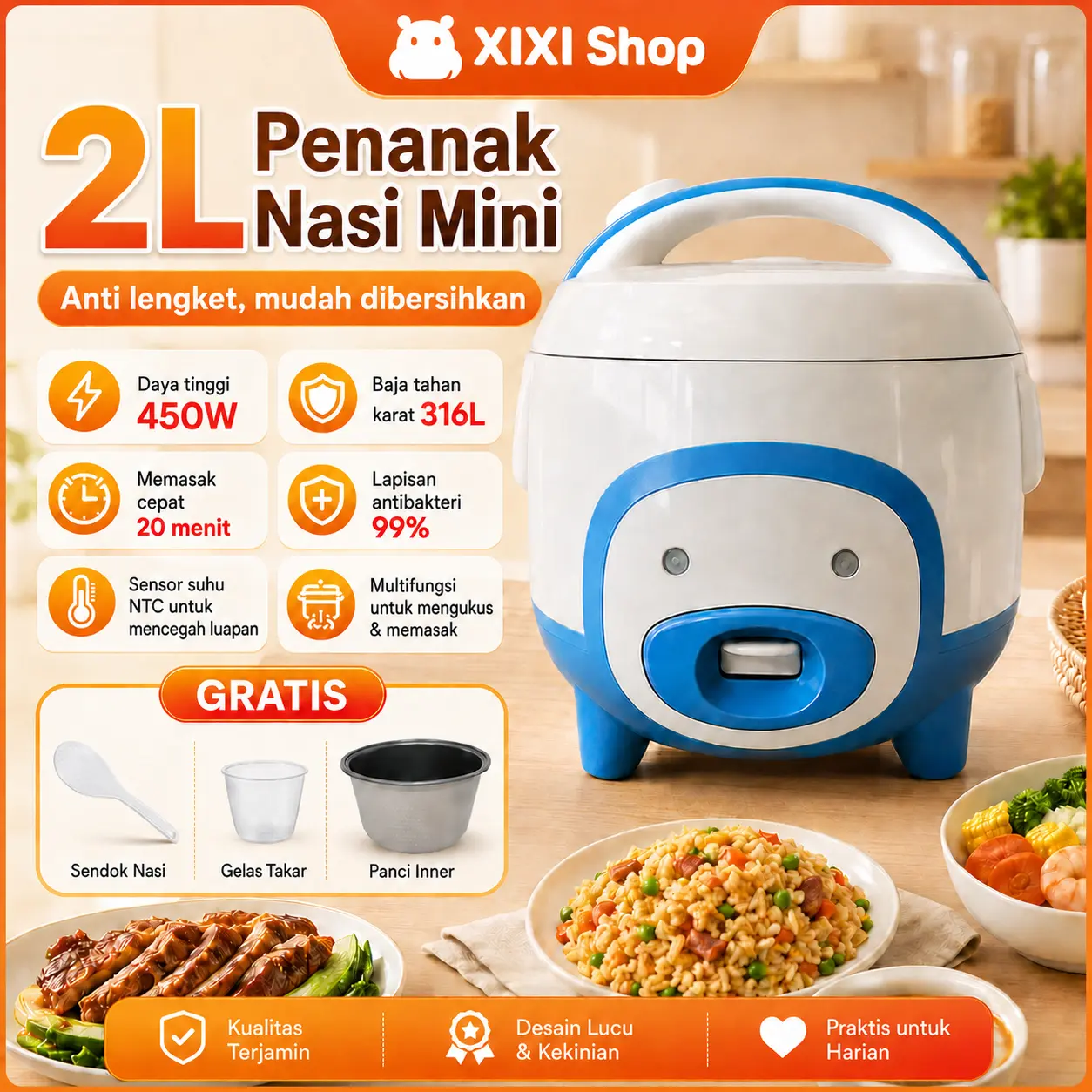 [COD] Antilengket Rice Cooker 1.2L Penanak Nasi Mini/3-in-1/penanak nasi travel/berinsulasi - dapat digunakan untuk memasak sup dan buburPeralatan