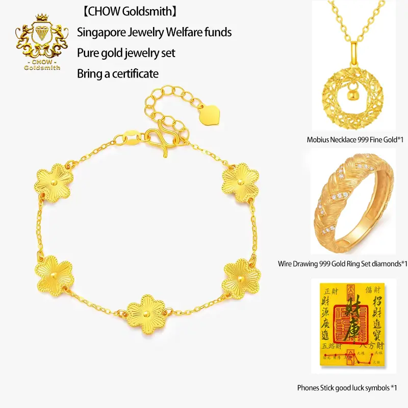 Clover Gold Bracelet+Mobius Fine Gold necklace+Diamond studded Gold ring+Box gift Gold Electronplating Gold Jewelry Four set series