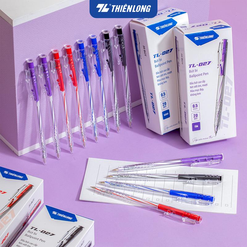  Combo 20 Bút bi Thiên Long TL-027 mực xanh đỏ đen tím ngòi 0.5mm nét viết đều dành cho học sinh văn phòng 