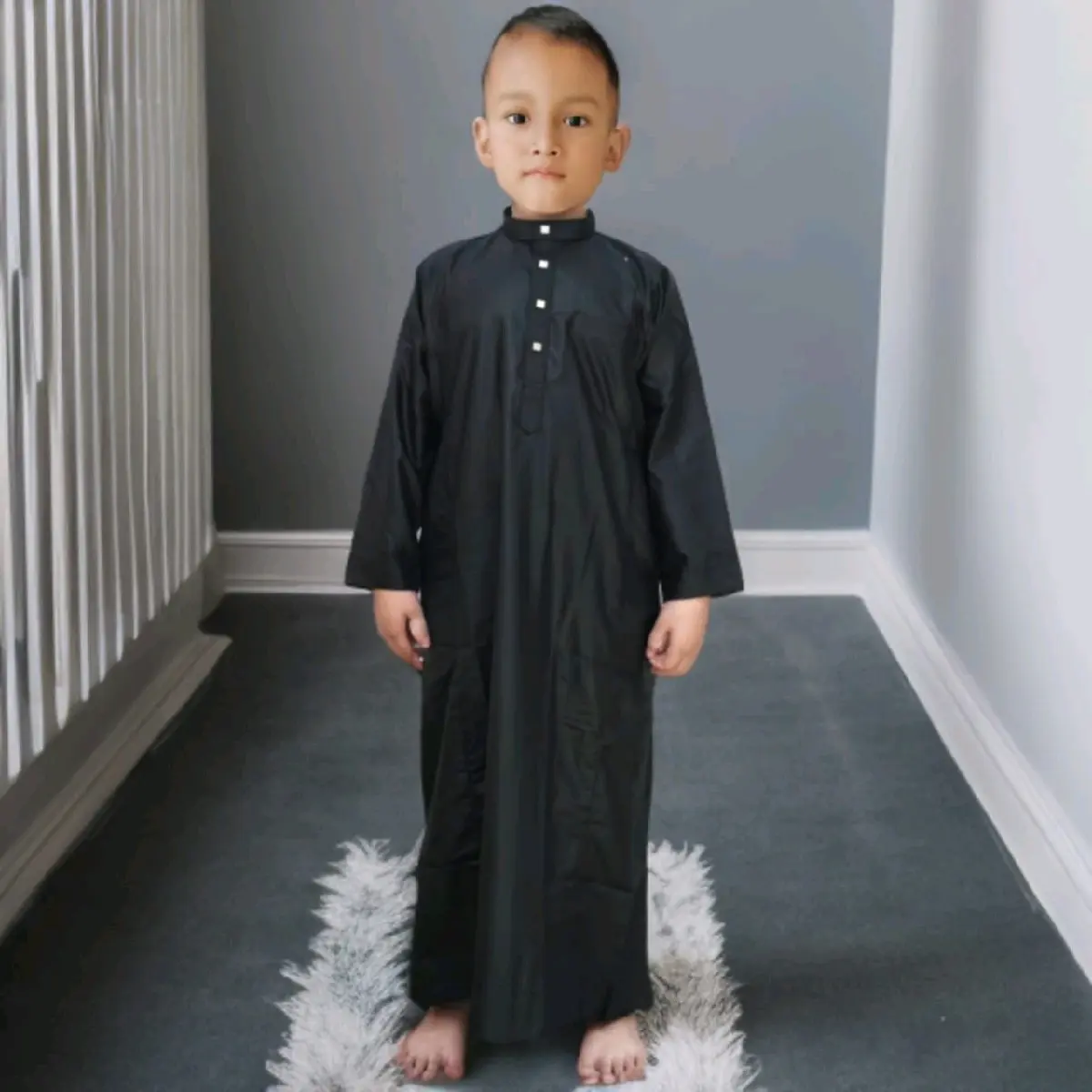 Jubah Anak-anak Tanggung Lengan Panjang Polos Gamis Pria Remaja Katun Kancing