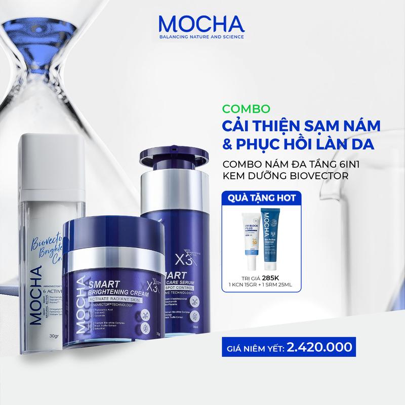  Combo Giảm Sạm Nám Mocha gồm: Kem Nám Mocha  + Tinh Chất Nám Mocha + Kem Dưỡng Mocha BioVector  Quà: 1 Sữa Rửa Mặt 25ml + 1 Kem Chống Nắng 15ml  | Dưỡng Sáng Giảm Thâm Phục Hồi Da Nhạy Cảm 
