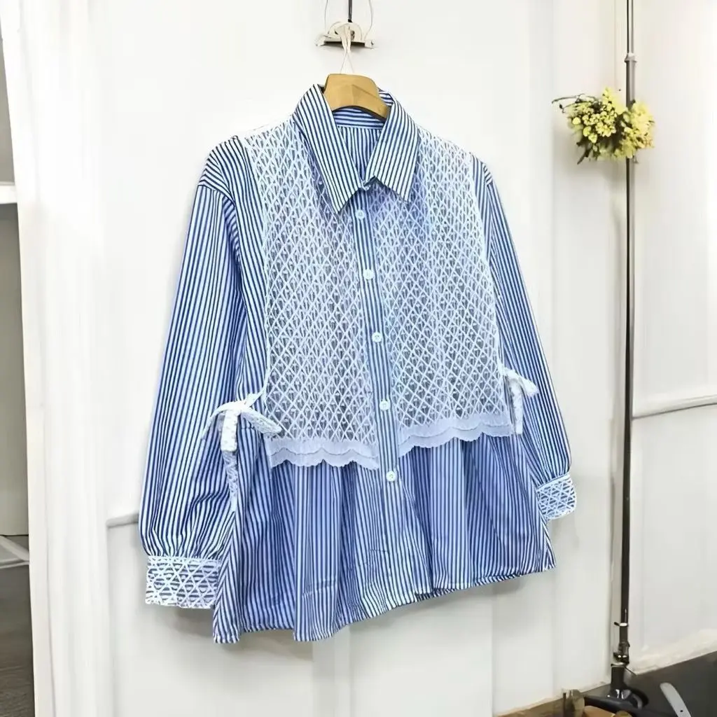 Arumi Blouse Salur Kombinasi Brukat Premium Kemeja Tangan Panjang Motif Stripe Kemeja Wanita Kemeja Salur Atasan Dewasa Katun Baju Garis Casual Nyaman