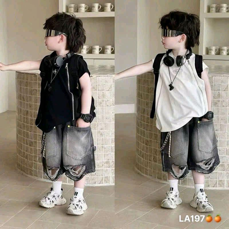 ( tặng vòng cổ) Bộ quần áo cotton tank top  ngầu của bé trai sai 8-31kg