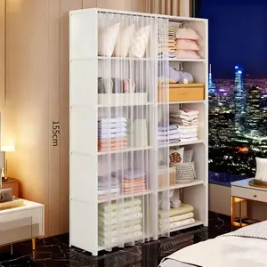 COD Rak lemari pakaian multifungsi dengan gorden/lemari pakaian plastik putih mudah dipasang/lemari penyimpanan anti debu berkapasitas besar/lemari penyimpanan pakaian untuk disewakan di kamar tidur kecil Furniture Minimalis